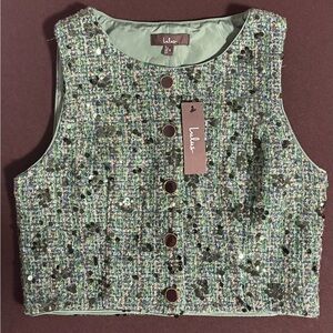 NWT Lulus Tweed Sequin Crop Vest Top Green Multicolor Sleeveless Button Front S